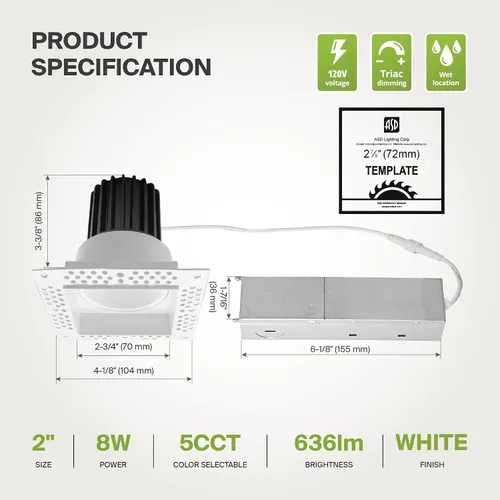 Vista 7 de ASD - Lámpara de techo empotrable LED sin bordes de 2 pulgadas, descendente sin lata con caja de conexiones, 5CCT seleccionable 2700K-5000K, 8W 636