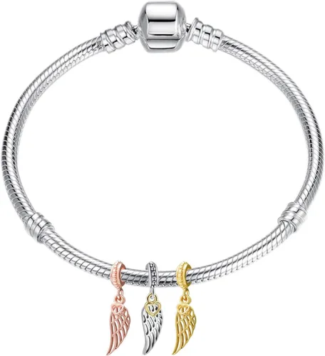 Vista 6 de Junyi Jewelry Abalorio de ala de ángel con dije de corazón de plata de ley 925 con plumas para pulsera Pandora