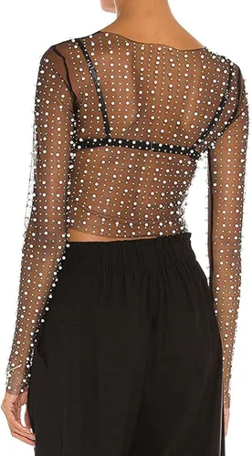Vista 4 de Blusa de malla de manga larga transparente con diamantes de imitación de perlas para mujer, una pieza