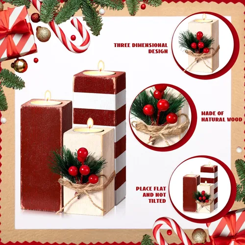 Vista 4 de 3 portavelas de Navidad con velas de madera, candelabros de Navidad, candelabros de madera votiva a rayas rojas y blancas, centro de mesa de Navidad