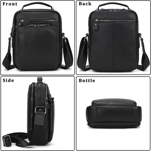 Vista 7 de Bolso pequeño de cuero para hombre, bandolera de cuero genuino y bolsa de hombro para hombres, bolsillos con cremallera, bolso de mano para hombre