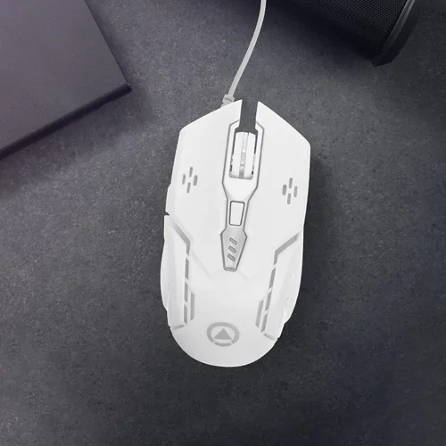 Vista 4 de Ratón para juegos con cable USB para computadora portátil y PC, mouse mecánico silencioso de 6 botones con iluminación RGB, color blanco, periférico