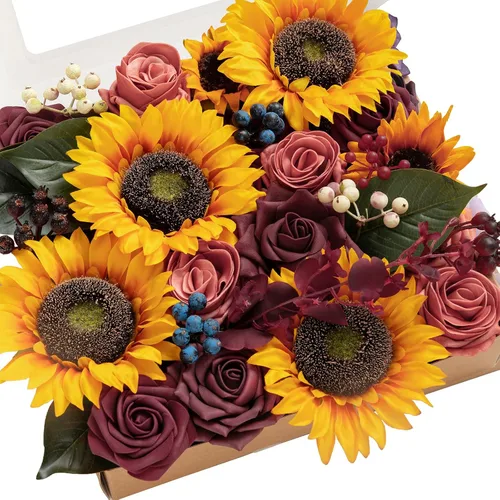 Vista 26 de Ling's moment Caja de Flores Falsas, Tallos de Vegetación Artificial Falsa Rosas de Espuma Dalia Hortensia de Seda Peonía Flor de Tela para Centros