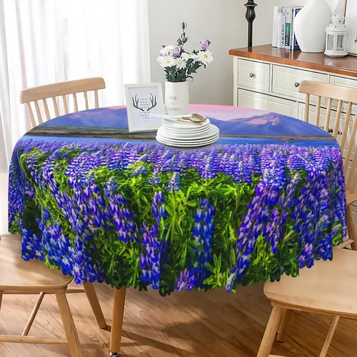 Vista 15 de Mantel redondo floral rústico de 48 pulgadas, con estampado botánico de flores en acuarela verde, azul y gris, a prueba de derrames y aceite, tela