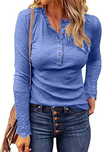 Vista 2 de Blusa casual de otoño para mujer de moda de color liso con botones manga larga con encaje y corte