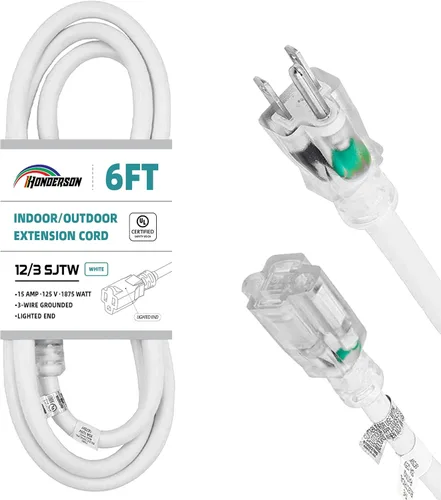 Vista 30 de Cable de extensión resistente a la intemperie con extremo iluminado, certificado UL, calibre 10, 3 pies, color blanco, 3 clavijas, resistente, cable