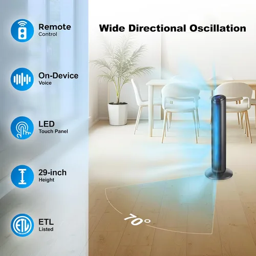 Vista 8 de Emerson SmartVoice - Ventilador de torre de 29 pulgadas, control de voz sin Wi-Fi, ventilador de torre inteligente para dormitorio, oscilación