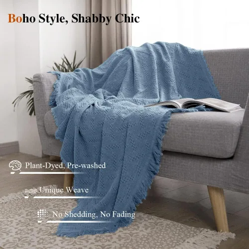 Vista 3 de Simple&Opulence Manta 100% algodón para cama, sofá, manta tejida geométrica de lujo bohemia con borlas, suave, ligera, acogedora, transpirable