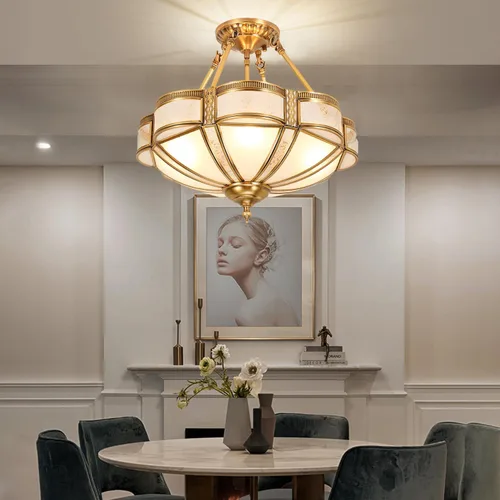Vista 3 de Lámpara de techo de latón de 4 luces semiempotrada, candelabro dorado para comedor, lámpara de techo de vidrio esmerilado, luz empotrada moderna