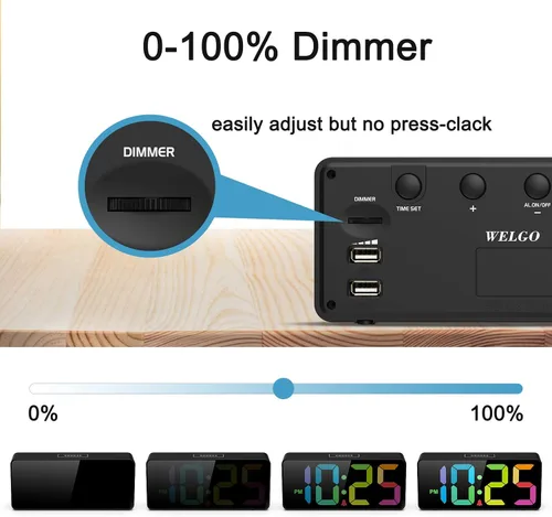 Vista 3 de Welgo Reloj despertador de número grande de 7.5 pulgadas para personas mayores y niños, 0-100% brillo y volumen ajustables, puerto de carga USB