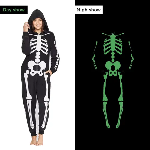 Vista 5 de Disfraz de esqueleto de Halloween que brilla en la oscuridad overol familiar con patrón de calavera