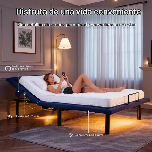 Vista 4 de Fromann Base de cama ajustable individual, base de cama ajustable con control remoto inalámbrico y puertos USB, gravedad cero, masaje, inclinación
