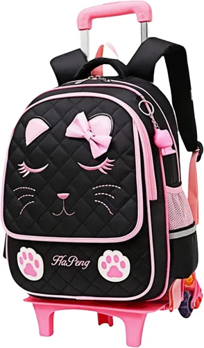 Vista 8 de MITOWERMI Mochila con ruedas para niñas, mochila escolar con cara de gato, mochilas con ruedas, equipaje de viaje de mano 2 Ruedas Negro