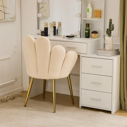 Vista 9 de Vingli Silla de Maquillaje de Pétalos con Respaldo, Silla Linda de Escritorio para Niñas Cómoda Sin Ruedas, Silla Moderna de Comedor, Silla