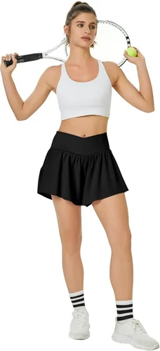 Vista 4 de Pantalones cortos deportivos para mujer, cintura alta, cruzado, 2 en 1, con bolsillo lateral, para entrenamiento, con diseño de mariposa