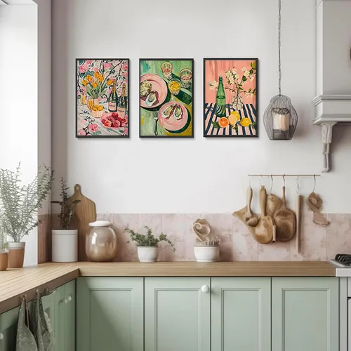 Vista 7 de 9 piezas de arte de pared de cocina coloridos alimentos para decoración de pared, fotos, bebidas, frutas, bar, carrito, lienzo, impresiones