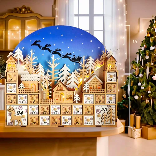 Vista 9 de Pueblo de Navidad con pilas de 15 pulgadas LED de 15 luces con calendario de Adviento