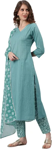 Vista 4 de Janasya Kurta de algodón azul para mujer con pantalón y estampado Dupatta