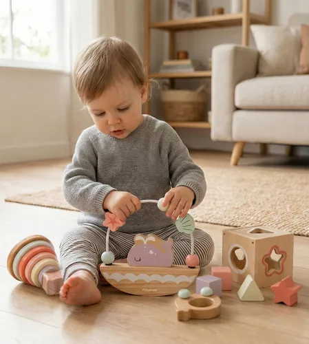 Vista 2 de Pillowhale Juego de juguetes de madera sensorial y educativo para niños pequeños de 1 a 3 años - Anillos para apilar, clasificador de formas, coche