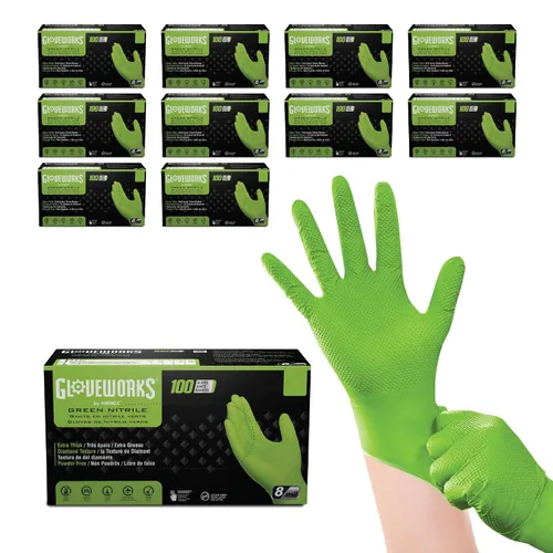 Vista 8 de GLOVEWORKS Guantes verdes HD, desechables de 8 mil, agarre de diamante elevado resistente, sin látex, guante mecánico, mediano, 2 cajas de 100