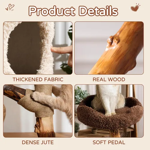 Vista 7 de RPZ Árbol para gatos de madera maciza de lujo de 54.7 pulgadas para gatos pequeños a medianos, poste rascador de madera natural con rama real