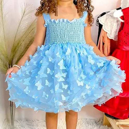 Vista 2 de Toddler Baby Girl Butterfly Dresses Solid Frill Princess Layered Sling Tulle Tutu Dress Birthday Party Casual Clothes