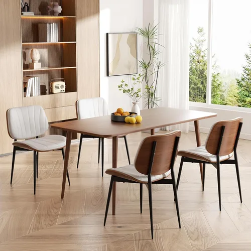 Vista 3 de Juego de 4 sillas de comedor, estilo de mediados de siglo moderno, tapizadas con piel sintética, respaldo de nogal curvado, patas de metal