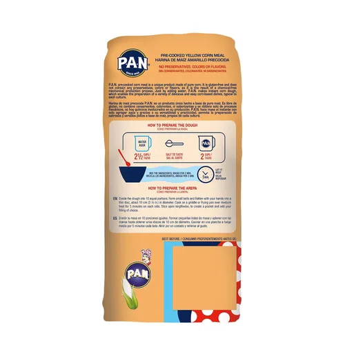 Vista 3 de P.A.N. Harina de Maíz Amarillo - Harina Precocida sin Gluten y Kosher para Arepas, 1 kg (35 oz / 2 lb 3.3 oz)