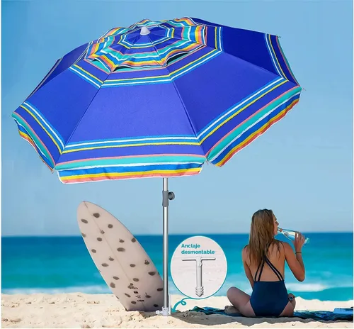 Vista 2 de AMMSUN Sombrillas de playa de 7 pies de alta resistencia para vientos fuertes con ancla de arena, ventilación inclinable, protección UV 50+ contra