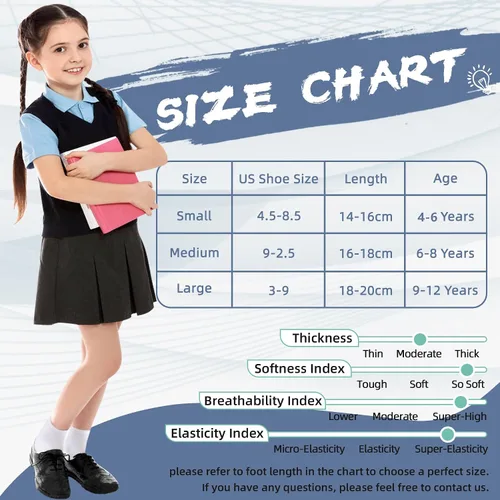 Vista 6 de Calcetines clásicos de algodón atlético, suave, transpirable, uniforme escolar, sin costuras, para niños y niñas