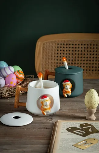 Vista 4 de DIHOclub Taza de café de cerámica con tapa y cuchara a juego, taza con patrón 3D Golden Retriever para té, leche y chocolate, bonita taza