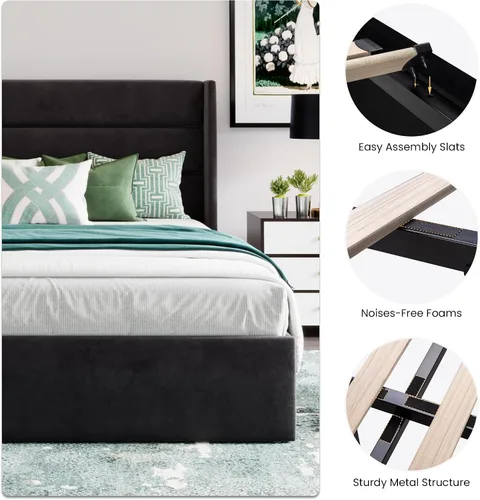 Vista 6 de SHA CERLIN Cama de Almacenamiento Elevable Tamaño Completo/Tapizada en Terciopelo/Cabecera Moderna Wingback/Marco de Cama Plataforma Negro