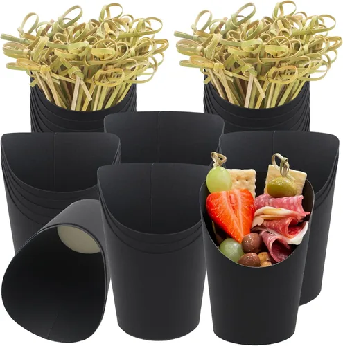 Vista 8 de BLUE TOP Juego de 30 tazas + 100 palillos de comida con juego de brochetas de alimentos, taza de papel de piel de vaca de 12 onzas, con juego