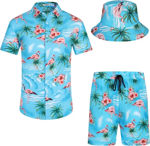 Vista 12 de EISHOPEER Conjunto hawaiano de flores para hombre, camisa de manga corta y pantalones cortos, trajes con sombreros de pescador