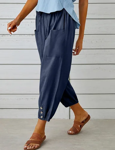Vista 4 de Bozanly Pantalones capri holgados tipo harén para mujer, estilo casual, con bolsillos, para yoga y verano