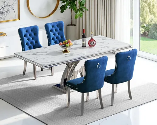 Vista 95 de Juego de 4 mesas de comedor blancas y doradas, mesa de cocina rectangular de 68 pulgadas con parte superior de mármol sintético blanco, mesa de Mesa