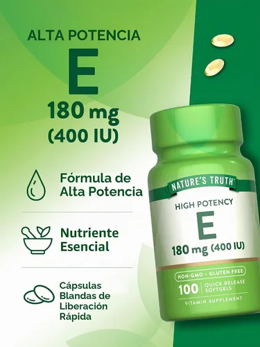 Vista 5 de Nature's Truth Cápsulas blandas de vitamina E 400 UI 180 mg 100 unidades Suplemento sin OMG y sin gluten