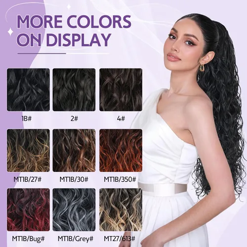 Vista 6 de Icono de la moda - Extensión de cola de caballo rizada ondulada con clip, cabello real, cola de caballo negra, extensiones de cordón con clip