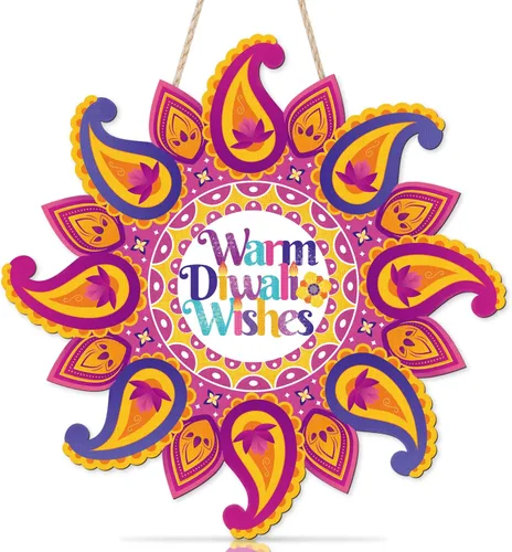 Vista 8 de LHIUEM Diwali - Letreros de madera de Happy Diwali para decoración de pared, juego de 2 (10 x 20 pulgadas), decoración de loto, pancarta india Happy