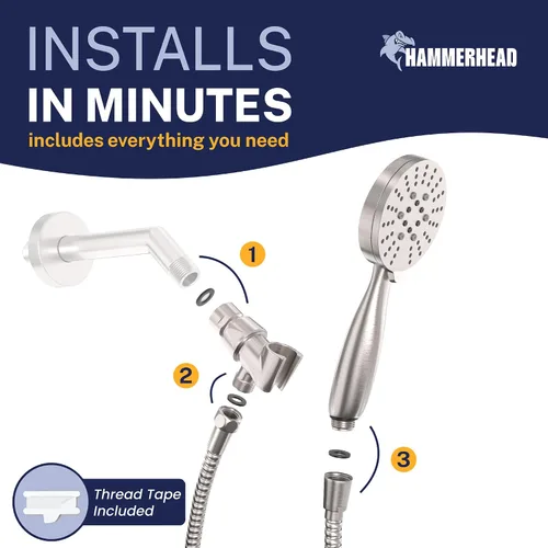 Vista 7 de HammerHead Showers Solid Metal 3-Spray Handheld Shower Head with Long Hose and Holder, High Pressure, Wide/Massage/Mist Sprays, Brushed Nickel, 1.75