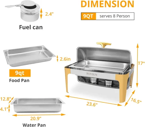 Vista 8 de ROVSUN Juego de platos de bufé con tapa enrollable, con detalles dorados, NSF de 9 cuartos de galón de acero inoxidable rectangular, juego
