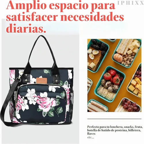 Vista 5 de iPhixx Bolsa de almuerzo aislada para mujer, bolsa de almuerzo ligera y reutilizable, lonchera para mujer con correa ajustable para el hombro, bolsa