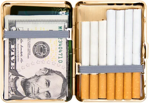 Vista 5 de Juego de 2 cajas de cigarrillos compactas chapadas en metal tamaño King con bandas elásticas (oro ovalado)