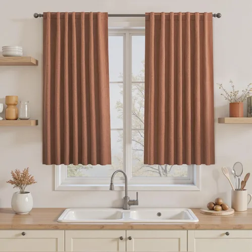 Vista 90 de UHITECH Cortinas cortas de lino de 24 pulgadas de largo para ventanas pequeñas de granja, cortinas opacas modernas para sala de estar, pestañas