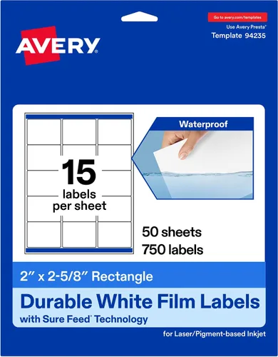 Vista 11 de Avery Etiquetas rectangulares blancas duraderas imprimibles, tecnología Sure Feed, 2 "x 2-5/8", etiquetas impermeables, compatibles con inyección