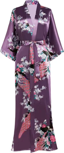 Vista 20 de BABEYOND Bata tipo kimono para mujer, bata larga de satén con estampado de pavo real y flores Verde