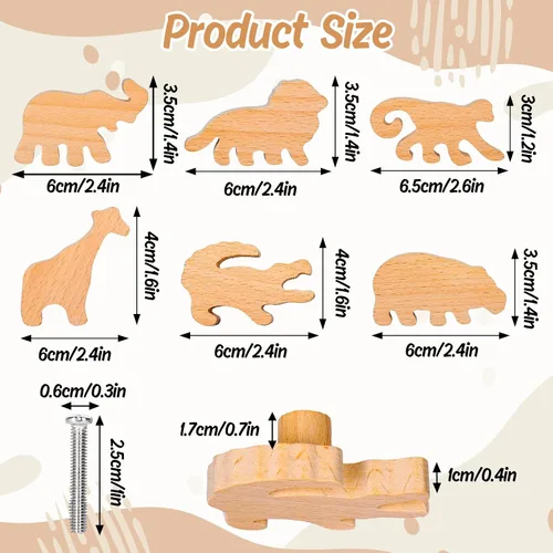 Vista 2 de Whaline 6 pomos de madera de animales de safari con tornillos, lindos tiradores de cajón en forma de animal de la selva, pomos de madera natural