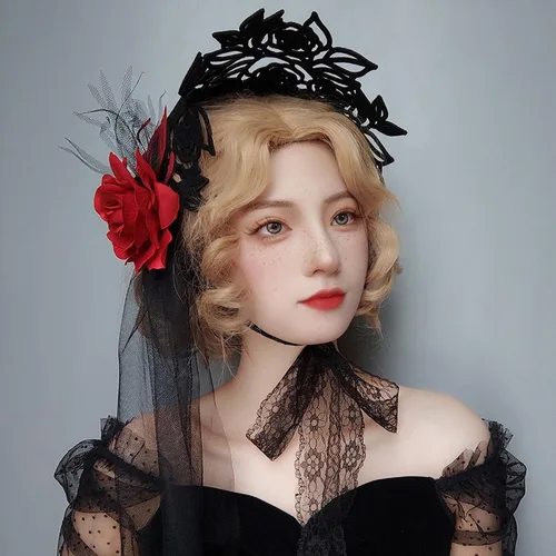 Vista 4 de FEOYA Accesorios góticos para mujer, gargantilla negra, máscara de mascarada, tocado retro y elegante