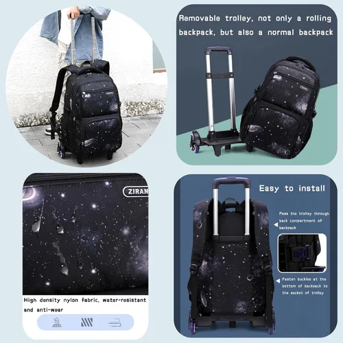 Vista 5 de Mochila con ruedas para niños de primaria con estampado galaxia, mochila con ruedas, 3Pcs-Black-Galaxy., 3Pcs Rolling Backpack Set, Portátil