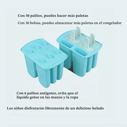 Vista 5 de Moldes de silicona para paletas con palillos, 6 cavidades, molde para helado con cepillo limpio, 6 palitos reutilizables, 50 palitos, 50 bolsas Azul